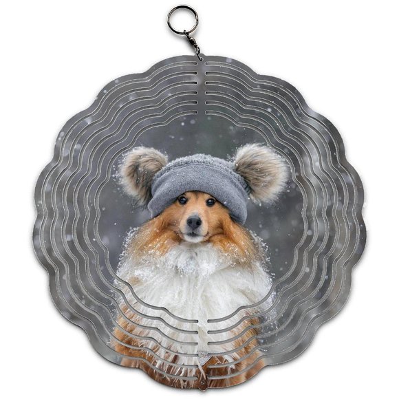 Cute Dog White Sheltie with Bonete Design Wind Spinner - Picture 1 of 3